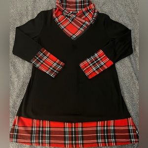 Black Shirt Dress with Buffalo Check Style Cawl, Cuffs, and Trim